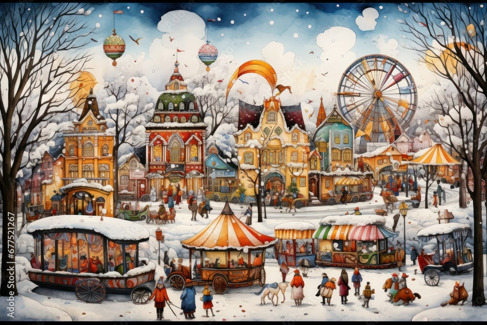 Obraz premium Winter Carnivals: Vibrant and lively scenes at winter festivals, complete with colorful costumes and activities. - Generative AI