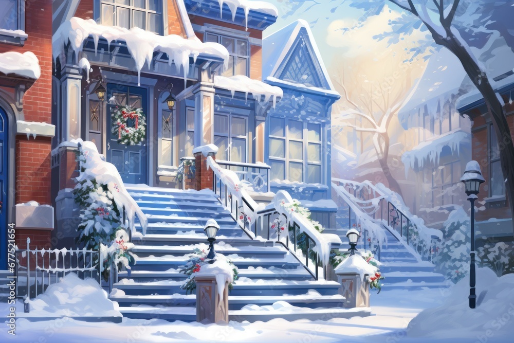 Obraz premium Snowy Staircases: Showcase the architectural beauty of snow-covered stairs, especially in historic areas. - Generative AI