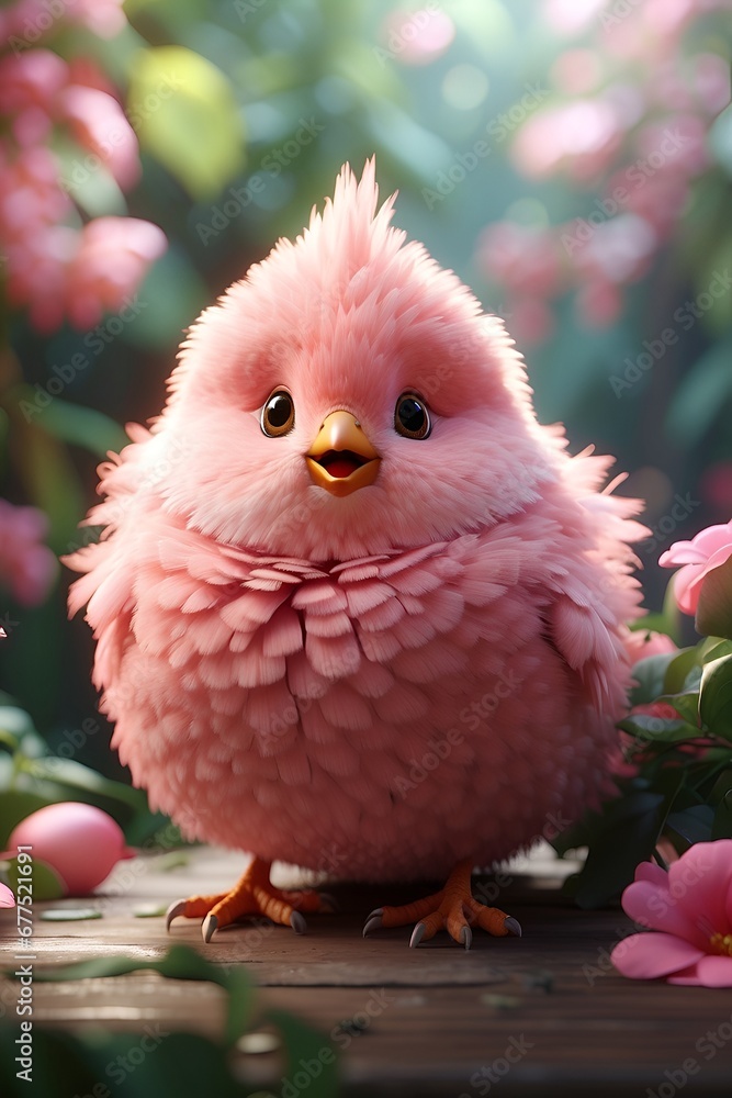 Beautiful 3D Art of a Pink Little Bird, High Quality Upscale Generative AI