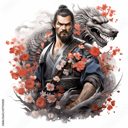 illustration of a samurai surrounded by flowers and protected by a loyal dragon photo