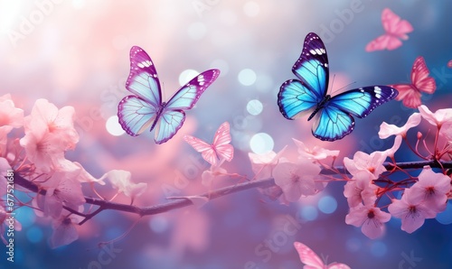 Fluttering blue butterfly and pink cherry or sakura blossom branch in sunlight. Floral spring concept for background, banner or greeting card with copy space	 photo