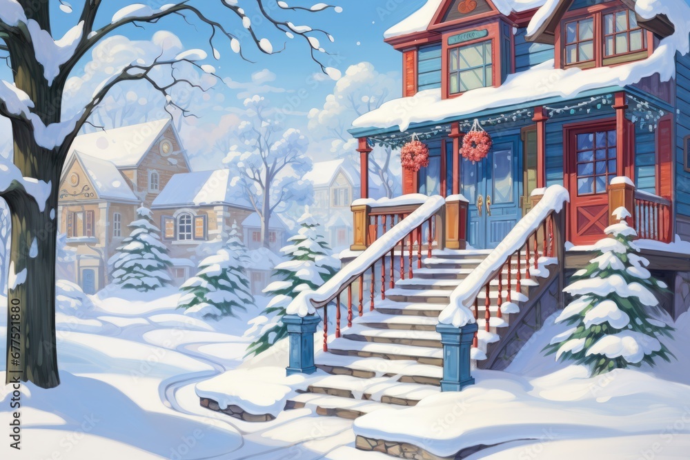 Fototapeta premium Snowy Staircases: Showcase the architectural beauty of snow-covered stairs, especially in historic areas. - Generative AI