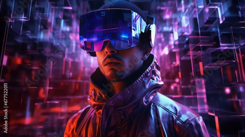 Man wearing AR glasses/ device experiencing amazing metaverse. 3D cubes. 