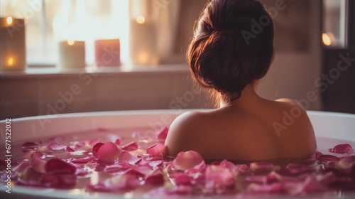 a solo celebration of Valentine's Day, with a focus on self-love and self-care, a woman in a relaxing bath in rose pedals and surrounded by candles