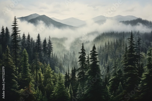 Panoramic view of misty foggy mountain landscape with fir forest  morning fog. Evanescent atmosphere in the woods wrapped in mist. Vintage retro hipster style
