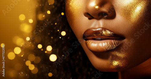 Beauty, glitter and african woman with gold makeup on black background with art, paint and cosmetics. Shine, glow and model in studio for facial fashion, aesthetic freedom and luxury skincare.