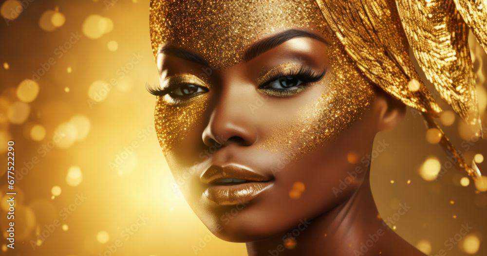 Beauty, glitter and african woman with gold makeup on black background with art, paint and cosmetics. Shine, glow and model in studio for facial fashion, aesthetic freedom and luxury skincare.