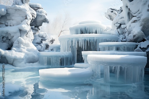 Frozen Water Features  Photograph fountains  ponds  and other water features turned into icy sculptures. - Generative AI