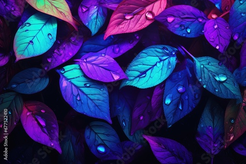 Neon tropical leaves on dark background. Colorful plants glowing in dark rainforest. Creative fluorescent nature concept. Minimal surrealism backdrop photo