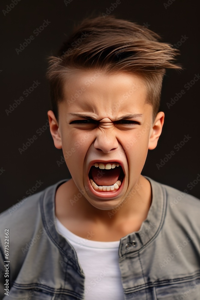Angry irritated Caucasian boy. Full of rage. Emotional portrait of an upset preteen boy screaming in anger. Requirements for parents. Wrong perception. Hysterics. Angry irritated Caucasian boy. Full of rage. Emotional portrait of an upset preteen boy screaming in anger. Requirements for parents. Wrong perception. Hysterics.