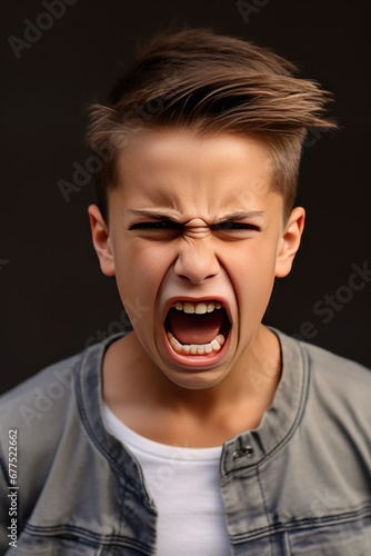 Angry irritated Caucasian boy. Full of rage. Emotional portrait of an upset preteen boy screaming in anger. Requirements for parents. Wrong perception. Hysterics.