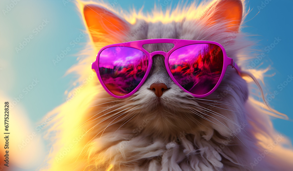 Isolated Persian  cat is wearing pink sunglasses in style of eye-catching resin jewelry.