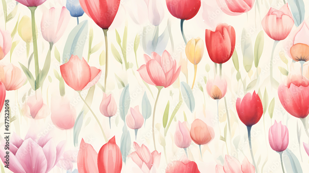 Watercolor-style Tulip Garden - obrazy, fototapety, plakaty 