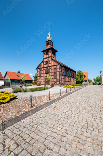 Former half-timbered evangelical church in Ujscie, Greater Poland Voivodeship, Poland