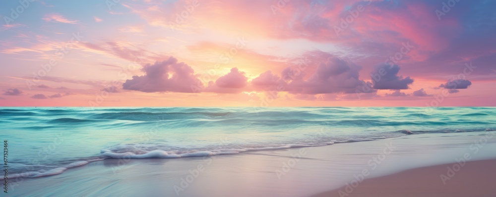 Panoramic nature landscape view of beautiful beach and sea. Inspire tropical beach with sunrise sky. Aerial top view background, drone photo backdrop of seascape horizon. Vacation travel banner - obrazy, fototapety, plakaty 