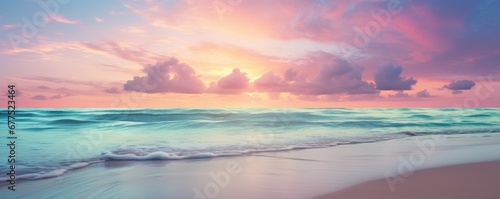 Panoramic nature landscape view of beautiful beach and sea. Inspire tropical beach with sunrise sky. Aerial top view background, drone photo backdrop of seascape horizon. Vacation travel banner photo