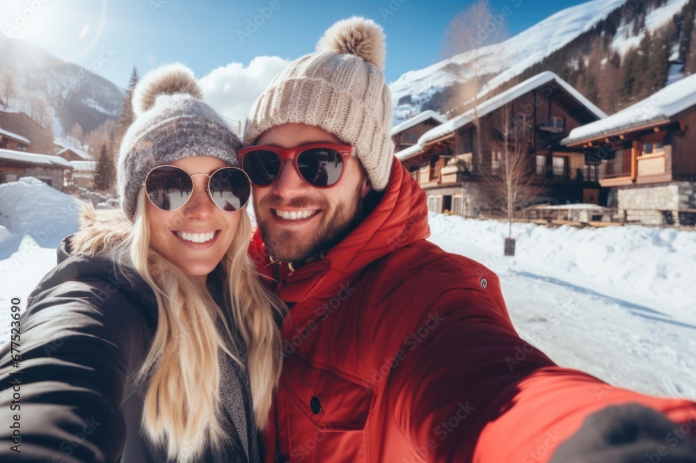 Happy couple taking a selfie on winter vacation Happy couple taking a selfie on winter vacation