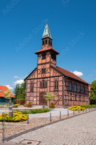 Former half-timbered evangelical church in Ujscie, Greater Poland Voivodeship, Poland