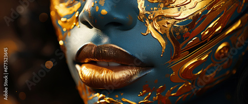 Beauty, glitter and attractive woman with gold makeup on black background with art, paint and cosmetics. Shine, glow and model in studio for facial fashion, aesthetic freedom and luxury skincare. © Allistair/Peopleimages - AI