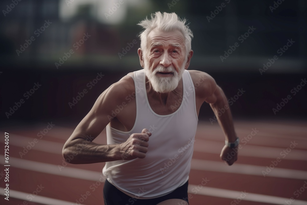 Aged athlete running track. Fitness speed training exercise. Generate Ai Aged athlete running track. Fitness speed training exercise. Generate Ai