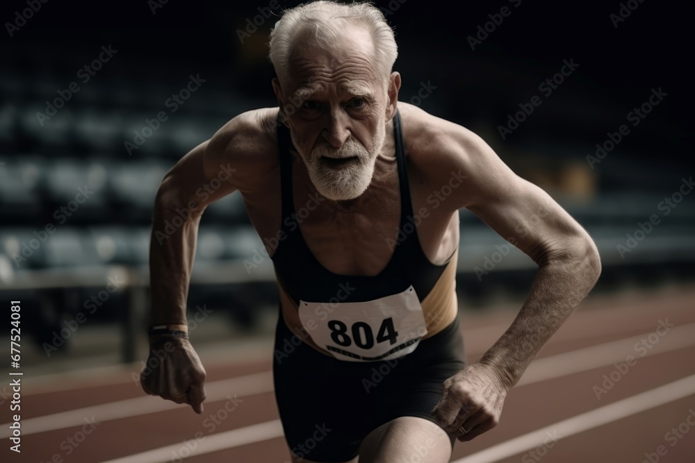 Aged athlete running track stretch. Adult old person runner. Generate Ai Aged athlete running track stretch. Adult old person runner. Generate Ai