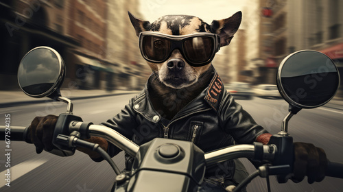a dog driving a motorcycle in the city © akarawit