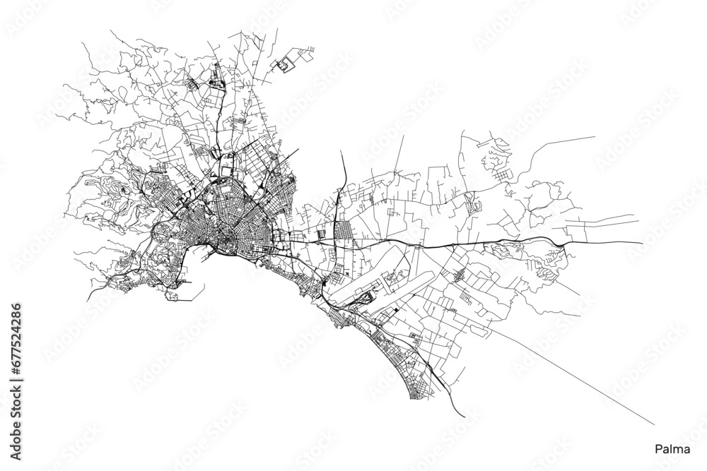 Palma city map with roads and streets, Spain. Vector outline illustration. Palma city map with roads and streets, Spain. Vector outline illustration.