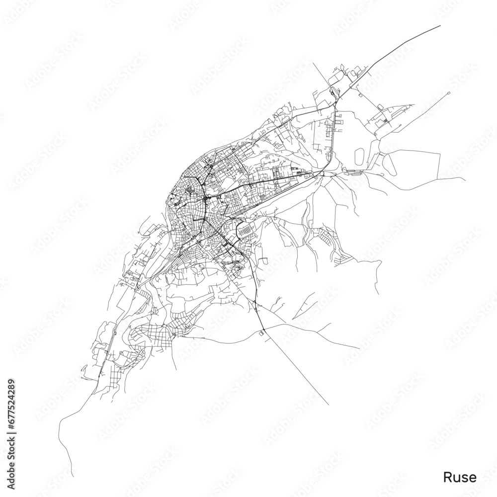 Fototapeta premium Ruse city map with roads and streets, Bulgaria. Vector outline illustration.