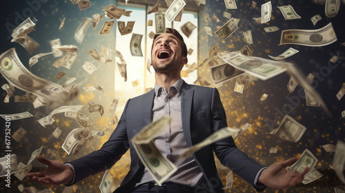 happy business man throwing money in the pile of money background