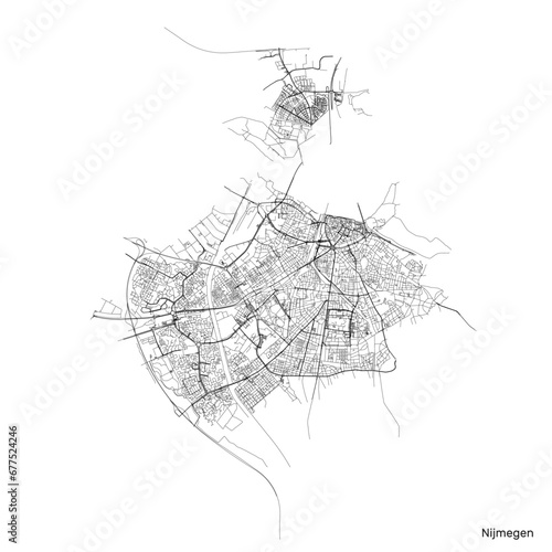 Nijmegen city map with roads and streets, Netherlands. Vector outline illustration.