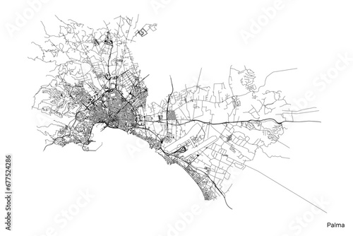 Palma city map with roads and streets, Spain. Vector outline illustration.