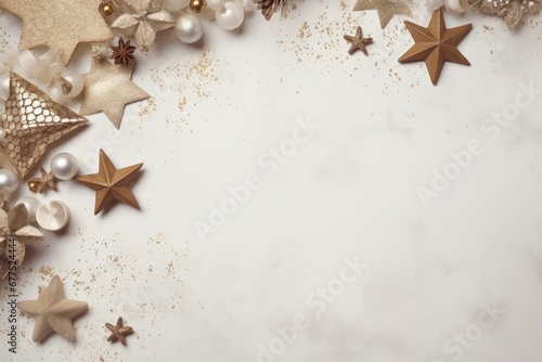 Gold Christmas decorations and toys on a white background