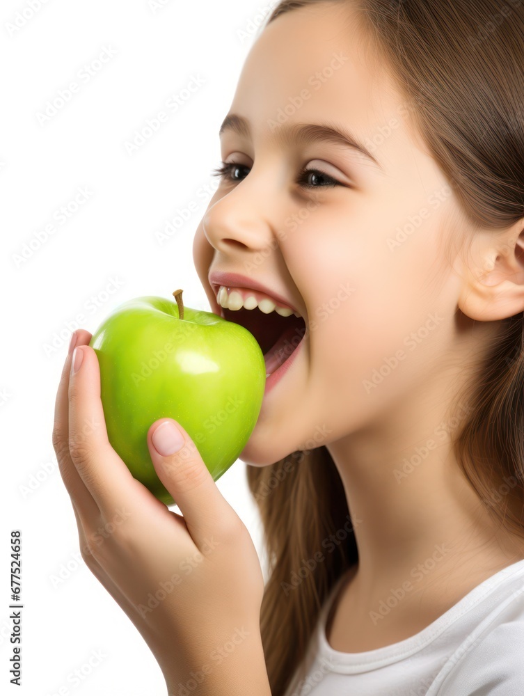 happy Child with ideal teeth eating green apple. Little Handsome girl with Health food. advertising of dentistry and healthy lifestyle happy Child with ideal teeth eating green apple. Little Handsome girl with Health food. advertising of dentistry and healthy lifestyle