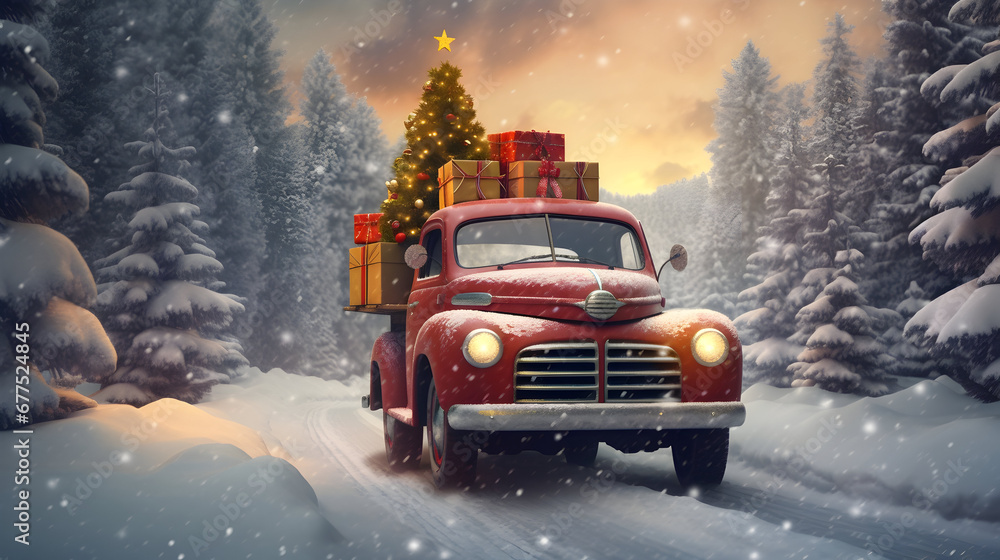 Christmas decorated car carrying gifts in a winter forest covered with snow in sunset backlight. Christmas decorated car carrying gifts in a winter forest covered with snow in sunset backlight.