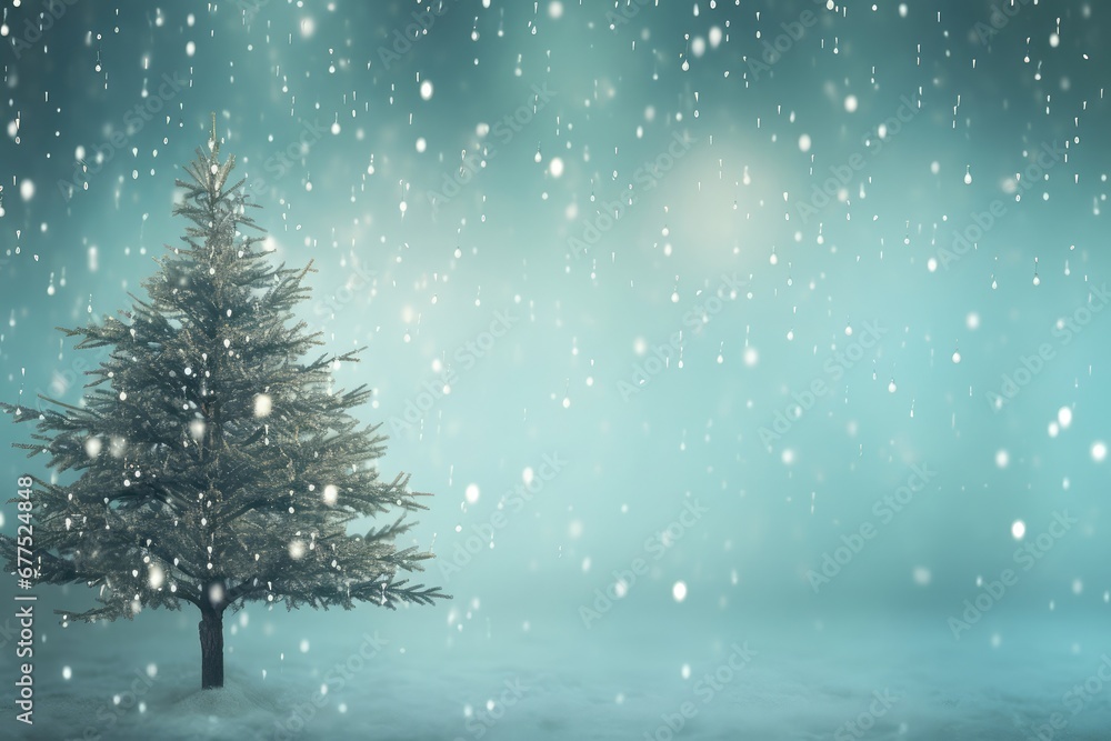Miniature Christmas tree on snowy festive bokeh background.