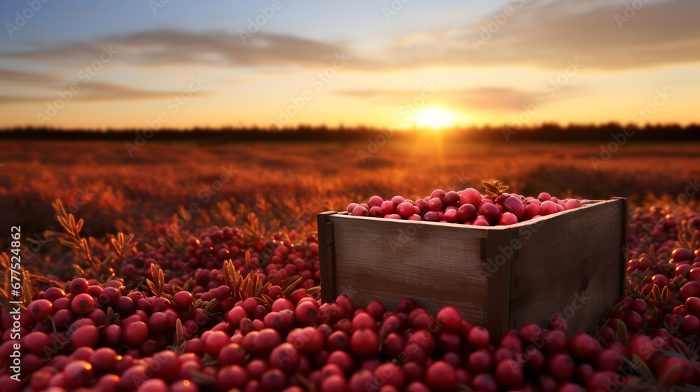 Cranberries harvested in a wooden box in a farm with sunset. Natural organic fruit abundance. Agriculture, healthy and natural food concept. Horizontal composition. - obrazy, fototapety, plakaty 