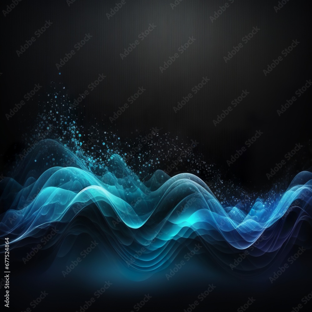 Abstract blue colors gradient wave on black background, blurry lights on dark noise texture, copy space line water dynamic Generative AI 