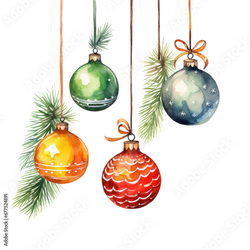 Festive Christmas Tree Decorations Watercolor Illustration on White Background