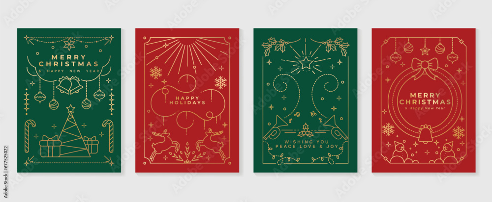 Obraz premium Luxury christmas invitation card art deco design vector. Christmas tree, bauble ball, reindeer, snowman, trumpet line art on green and red background. Design illustration for cover, poster, wallpaper.