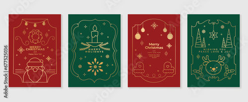 Luxury christmas invitation card art deco design vector. Christmas tree, bauble ball, reindeer, snowman, trumpet line art on green and red background. Design illustration for cover, poster, wallpaper.