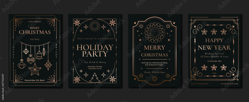 Obraz premium Luxury christmas invitation card art deco design vector. Christmas tree, bauble ball, sparkle, star line art on dark green background. Design illustration for cover, print, poster, wallpaper.