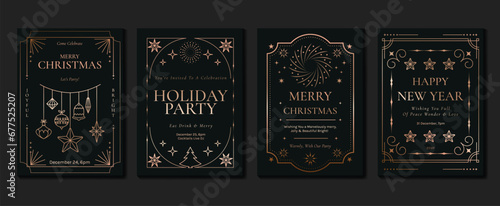 Luxury christmas invitation card art deco design vector. Christmas tree, bauble ball, sparkle, star line art on dark green background. Design illustration for cover, print, poster, wallpaper.