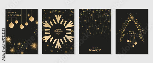 Luxury christmas invitation card art deco design vector. Christmas bauble ball, snowflake, twinkling stars, bokeh on dark background. Design illustration for cover, print, poster, wallpaper.