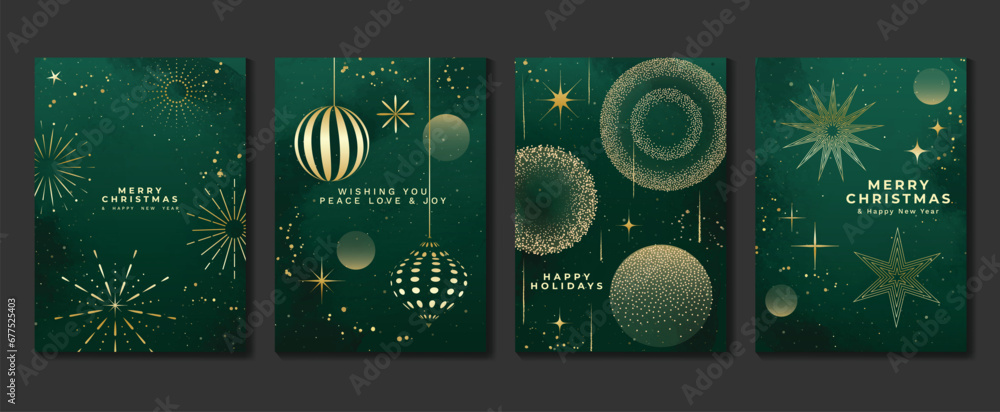 Obraz premium Luxury christmas invitation card art deco design vector. Christmas bauble ball, firework, snowflake, watercolor texture on green background. Design illustration for cover, print, poster, wallpaper.