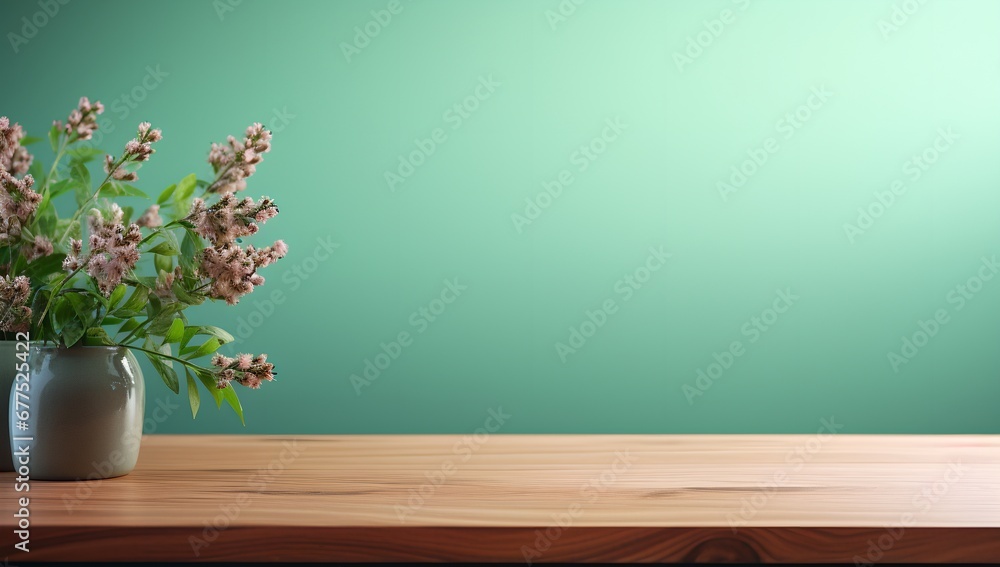 Light colored wooden surface on green background