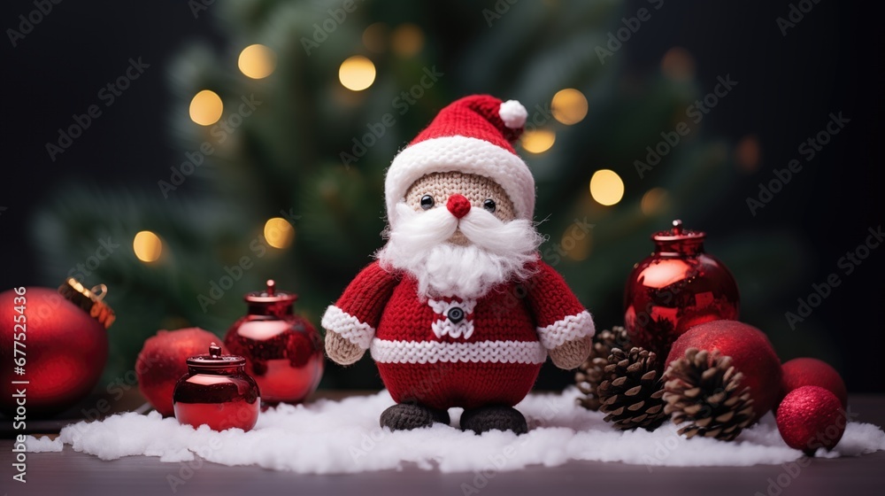 Fototapeta premium Knitted Santa claus doll in front of bokeh flocked Christmas tree.
