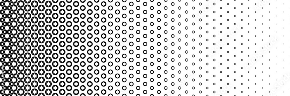 horizontal black halftone of  white star in black circle design for pattern and background.