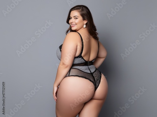 Plus size model in black lingerie, overweight female body, fat woman on gray background