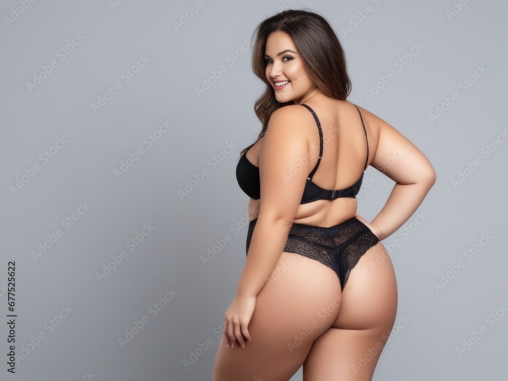Plus size model in black lingerie, overweight female body, fat woman on gray background - obrazy, fototapety, plakaty 