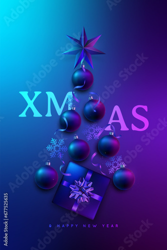Abstract Christmas tree with realistic 3d baubles, snowflakes, gift boxes and star. Xmas festive neon color background with decorative balls.